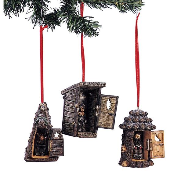 Occupied Outhouses Christmas Holiday Ornaments Set of 3 Resin - Picture 2 of 5